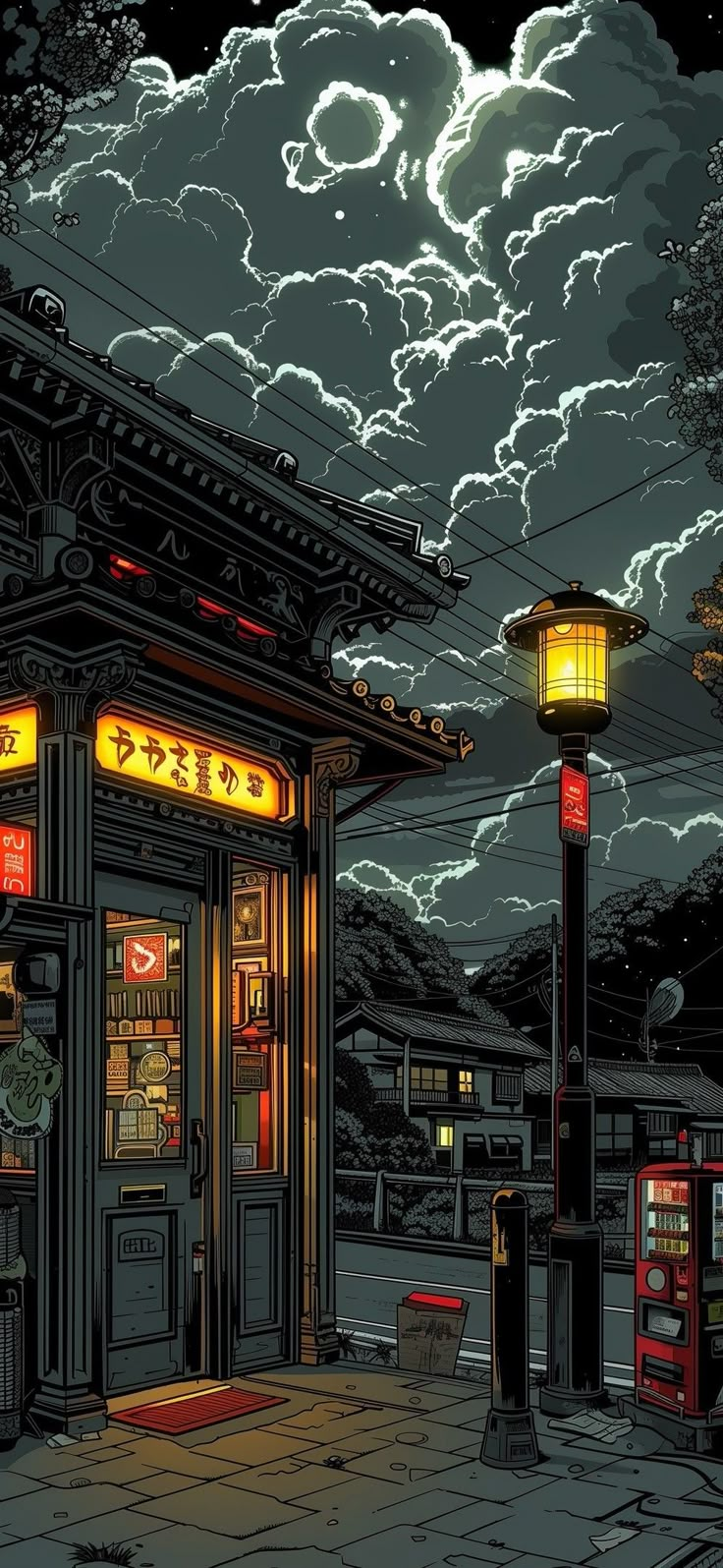 an illustration of a chinese restaurant at night with clouds in the sky and lights on