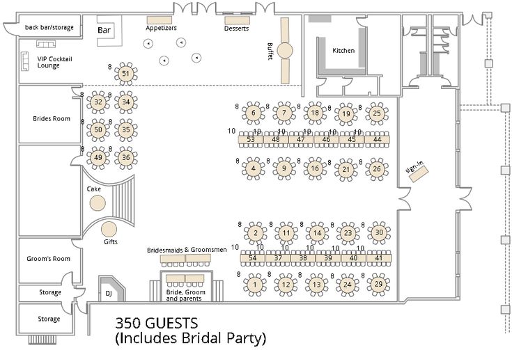 the floor plan for an indoor bridal party with seating and tables, as well as other