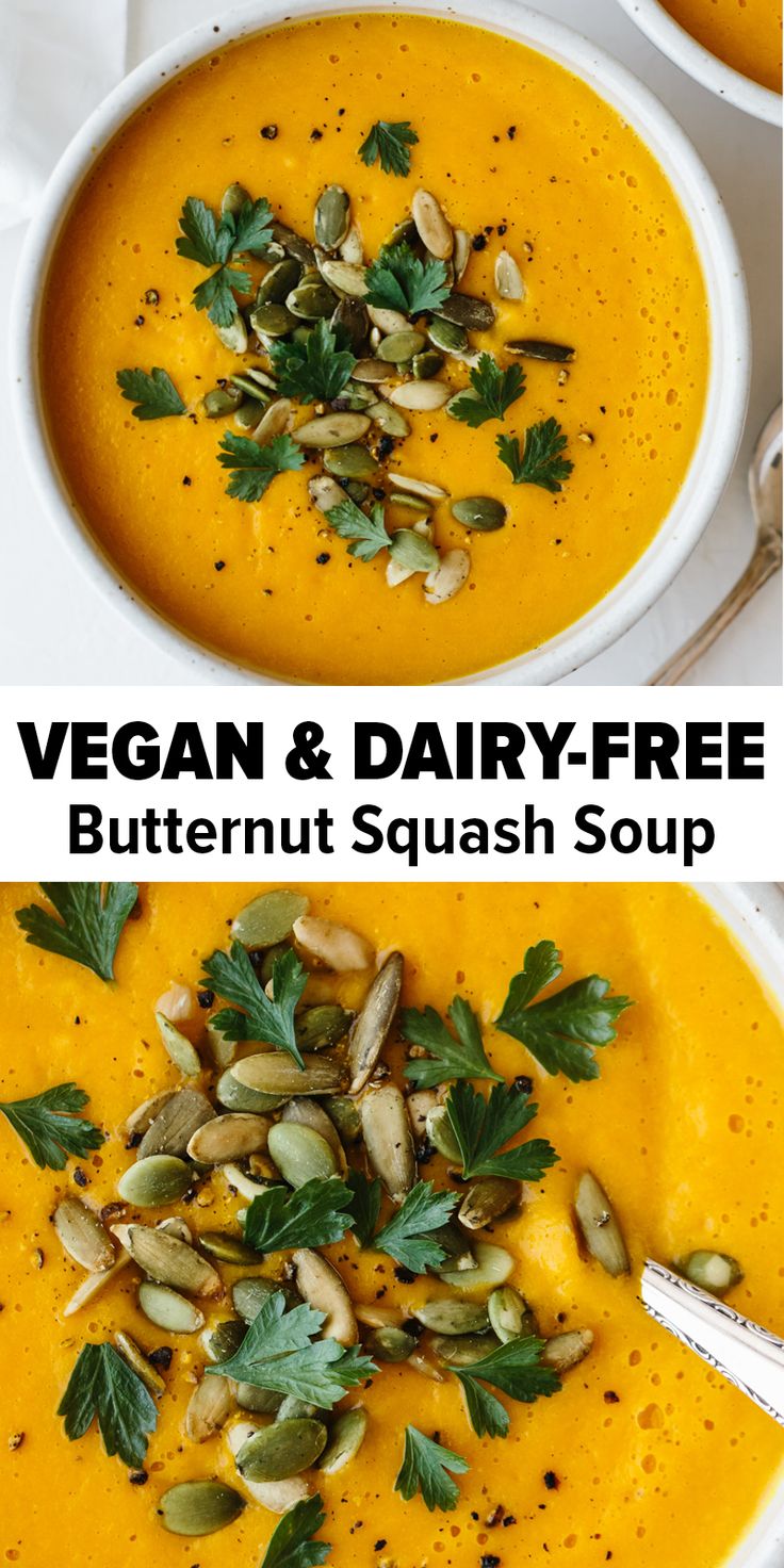 two bowls of vegan and dairy - free butternut squash soup