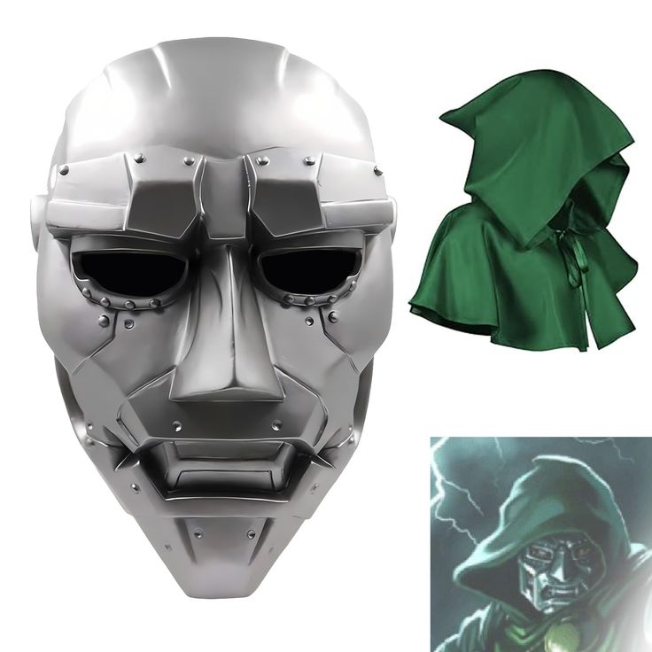 a mask with an image of a man wearing a green cape and holding a flashlight