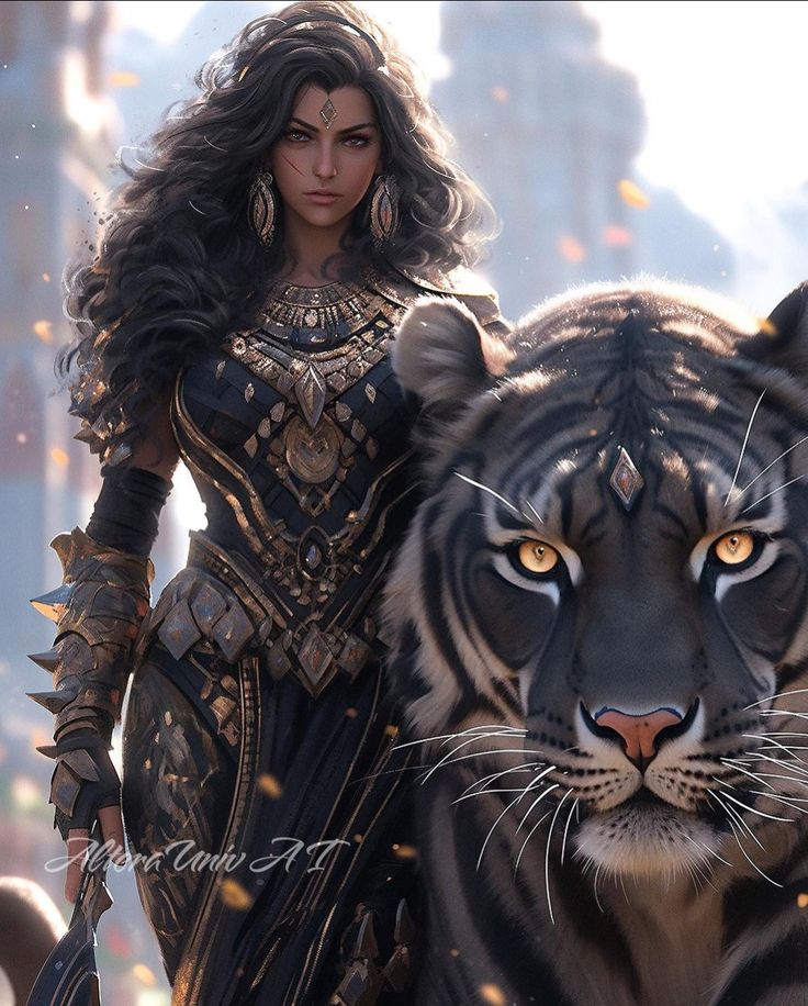 an image of a woman and a tiger in the middle of a scene with other people