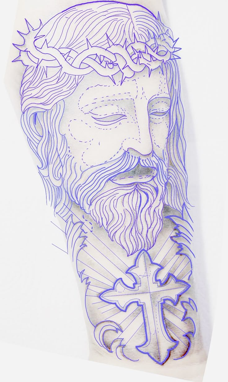 a drawing of jesus holding a cross and wearing a crown with blue lines on it