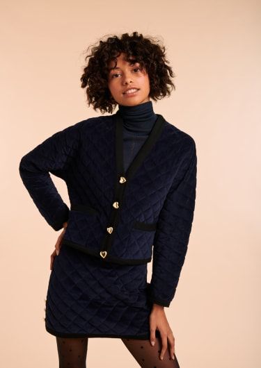 Navy quilted velvet Hope jacket Quilted Velvet Jacket, Navy Quilt, Tara Jarmon, Heart Button, Velvet Skirt, Velvet Jacket, Sewing Ideas, Women's Blazer, Velvet