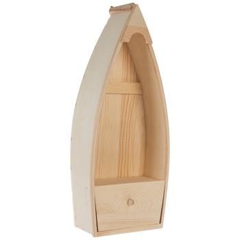 a wooden boat shaped shelf is shown with the bottom section cut out to show it's interior