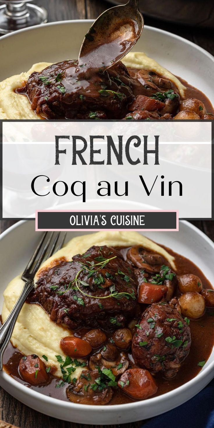 french coq au vin with potatoes and gravy in a white bowl