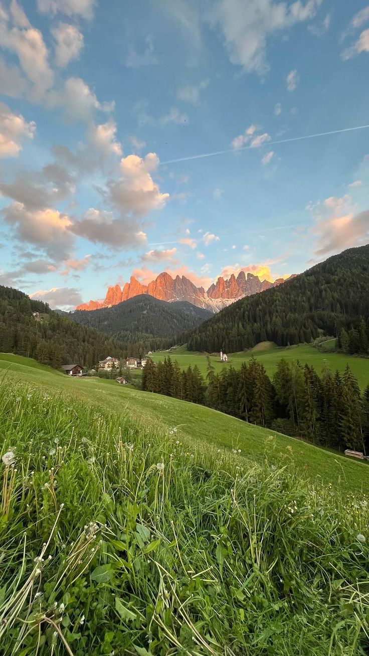 the mountains are covered in green grass and trees