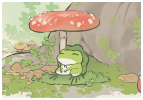 a frog sitting on the ground in front of a mushroom with its head under it