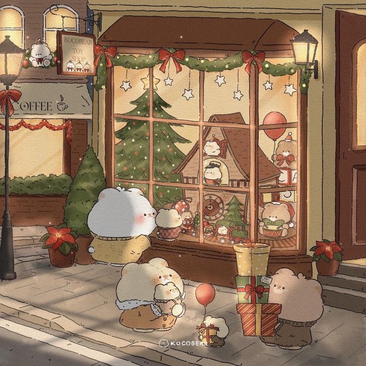 an animated christmas scene with teddy bears in front of a store window and other holiday decorations