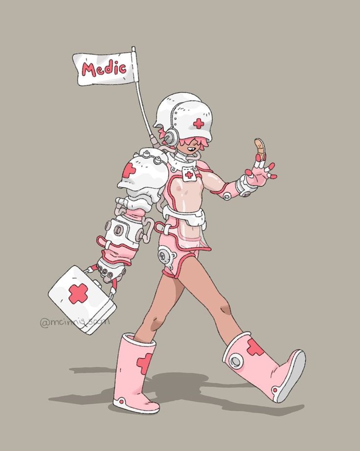 a drawing of a person in pink boots and white shirt holding a sign with the word meds on it