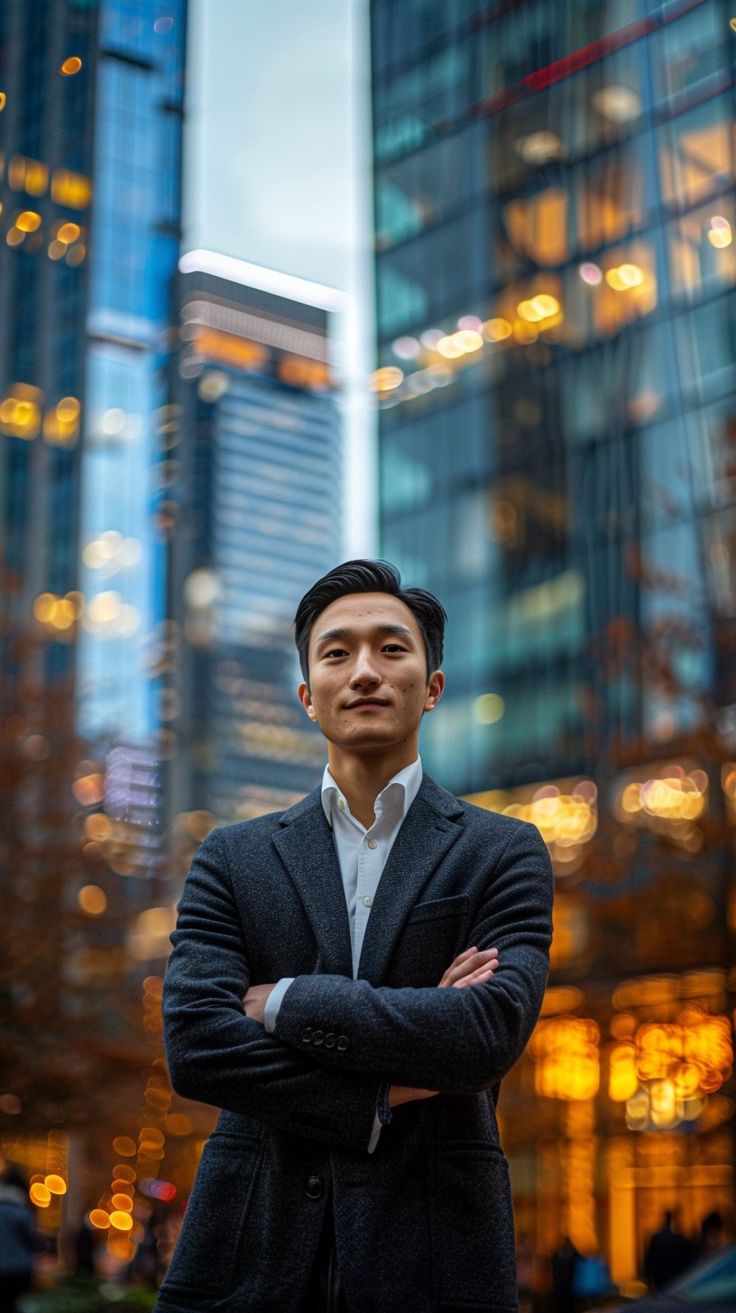 a man standing in front of tall buildings with his arms crossed and looking at the camera