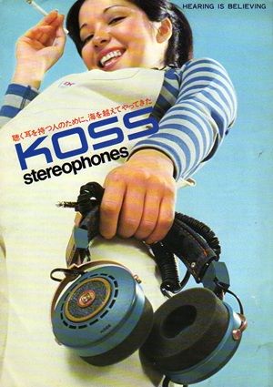 an advertisement for the koss stereophones, featuring a woman with headphones in her hand