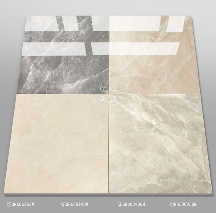 four different types of marble tiles with white and grey designs on the top one side