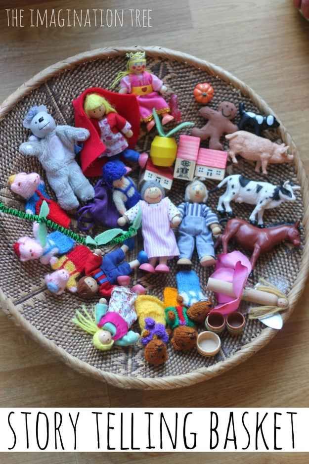 a basket filled with toys on top of a wooden table