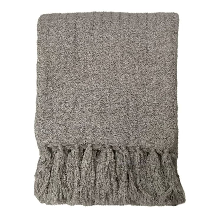 a gray blanket with fringes on it