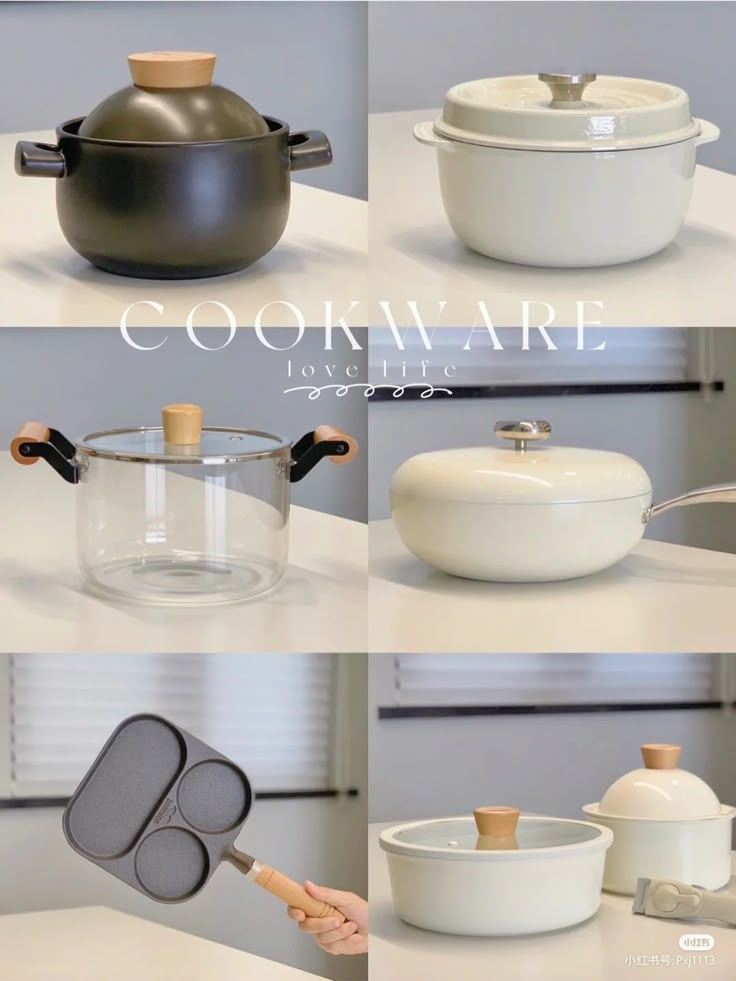 there are four pictures of different pots and pans