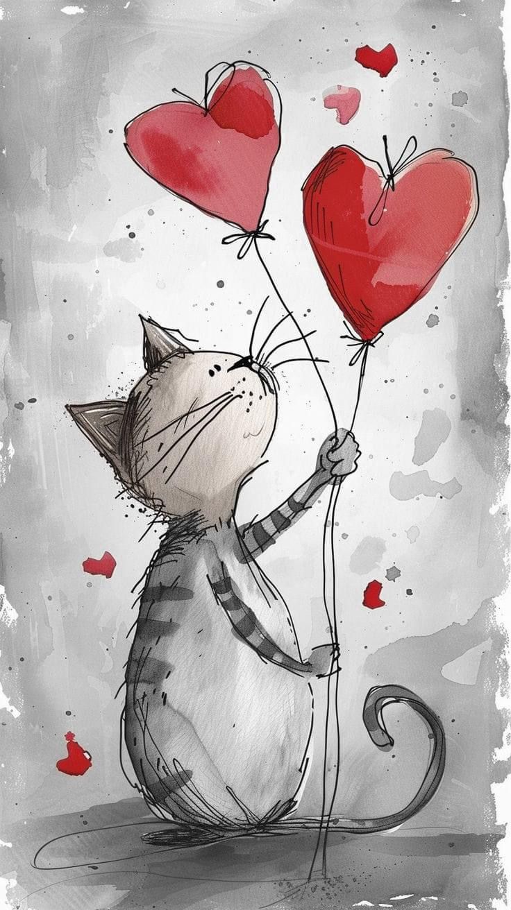 a drawing of a cat holding two heart shaped balloons