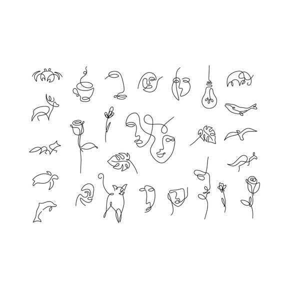 a line drawing of various faces and flowers