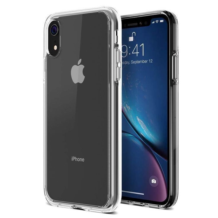 an iphone xr case with clear bumpers on the front and back sides,