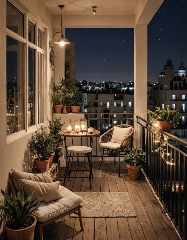 the balcony is lit up with candles and potted plants