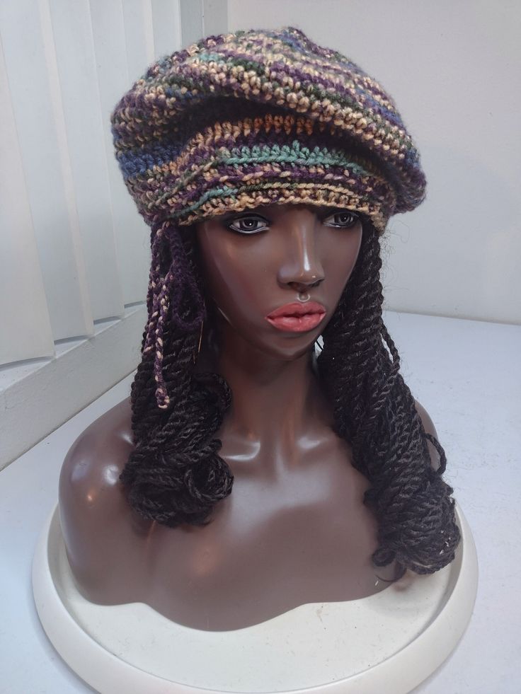 "ITEM NAME: Artist Beret by Purple Party Designs PRODUCTION TIME Made to Order: Allow 1-2 weeks for production unless otherwise noted SIZE, DIMENSIONS AND STRUCTURE - Short dense stitches - Made to fit a head with a 22-26\" circumference. - This hat has some stretch to allow fitting for larger heads ( also good if you have braids, dreadlocks, and thicker hair) - A hidden drawstring is used around the inner edge for a custom, snug, stretch-proof fit. COLORS See the charts and pictures to the left Bohemian Brimmed Crochet Hat For Fall, Bohemian Beanie Crochet Hat For Fall, Bohemian Crochet Beanie For Fall, Bohemian Crochet Beanie Hat For Fall, Artist Beret, Braids Dreadlocks, Paris Hat, Crochet Artist, Black Beret