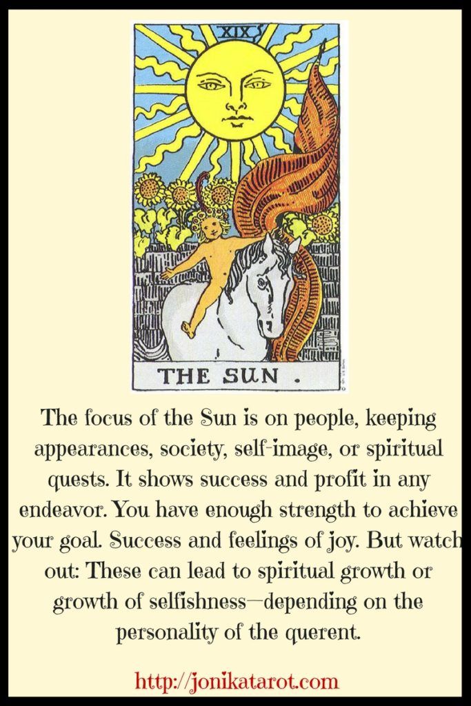 the sun tarot card with an image of a woman on a horse and text that reads