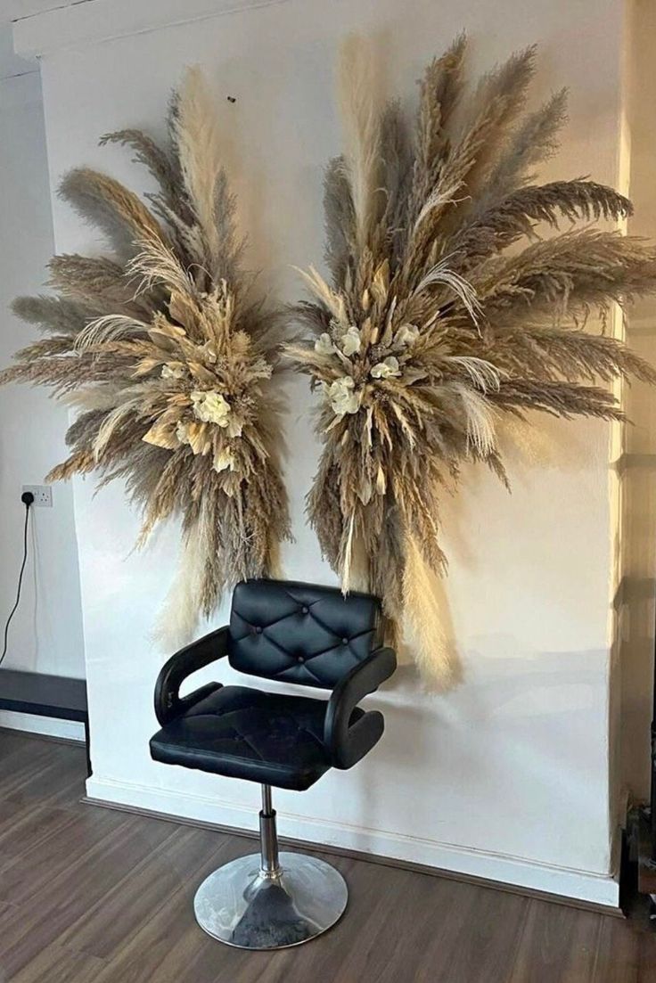 two large pamodia plants sitting on top of a black chair in front of a white wall