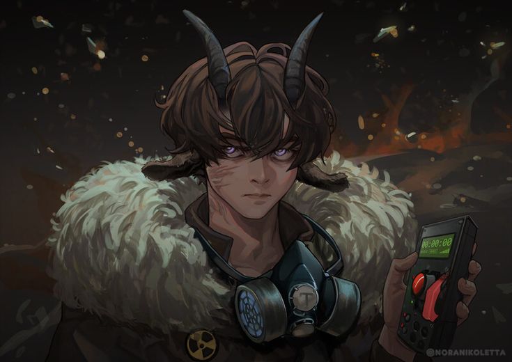 an anime character holding a cell phone with horns on his head and fur coat over his shoulders