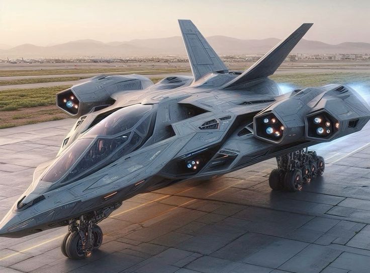 a futuristic fighter jet sitting on top of an airport tarmac with lights on it