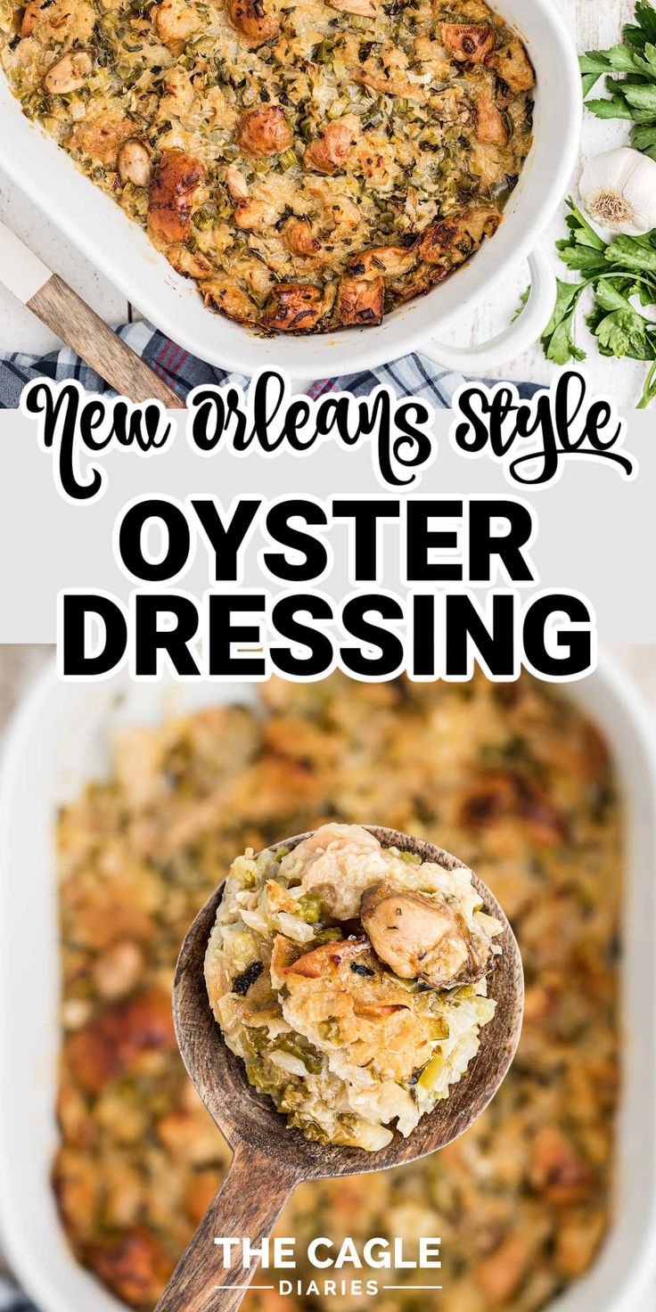 an image of a casserole dish with shrimp in it and text overlay that reads new orleans style oyster dressing