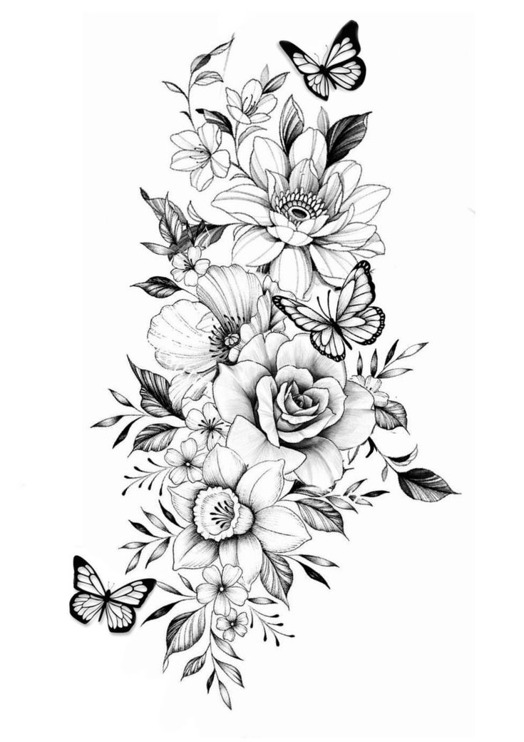 a black and white drawing of flowers with butterflies on the top right side of the image