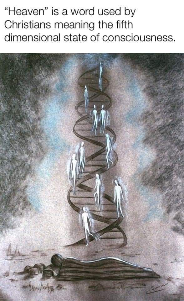 an image of a spiral staircase made out of people and text that reads, heaven is a word used by christians meaning the fifth dimensional state of consciousness