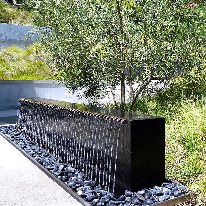 an olive tree in a water feature with rocks and gravel on the ground next to it