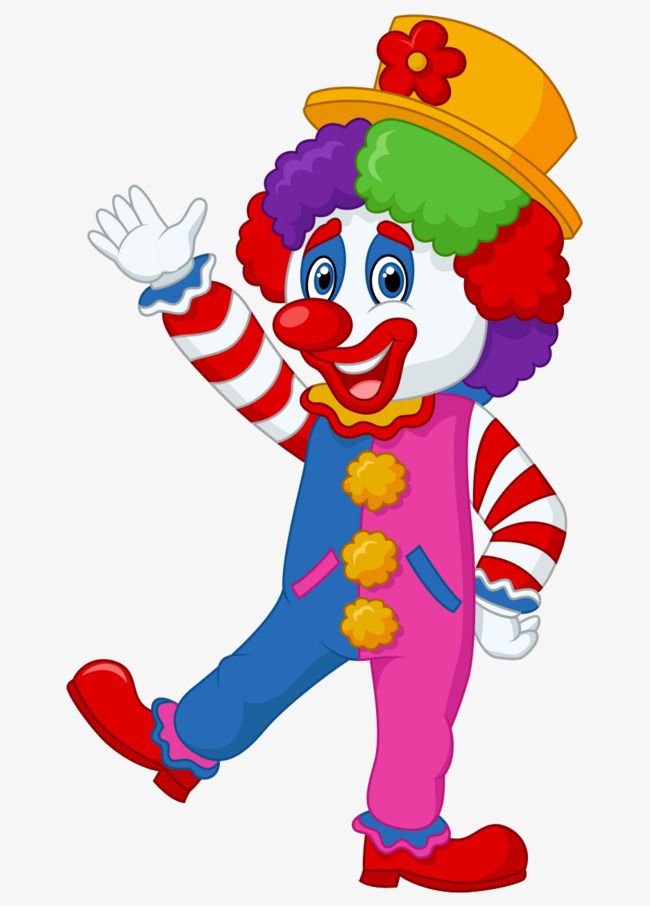 a cartoon clown is dancing with his hands in the air and wearing a colorful hat