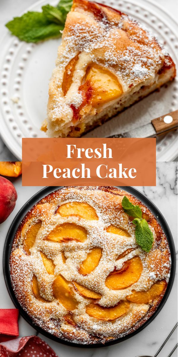 fresh peach cake with powdered sugar on top and sliced fruit in the back ground