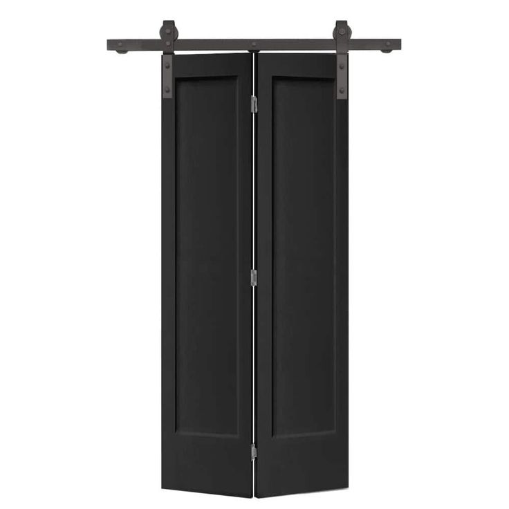 an open black door with two bars on the top and bottom, against a white background