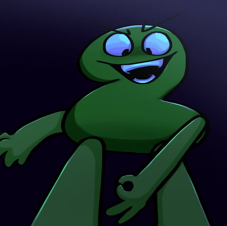 a green cartoon character with big eyes and arms spread out, in front of a dark background