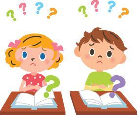 two children are sitting at desks with books and question marks above them, one is reading