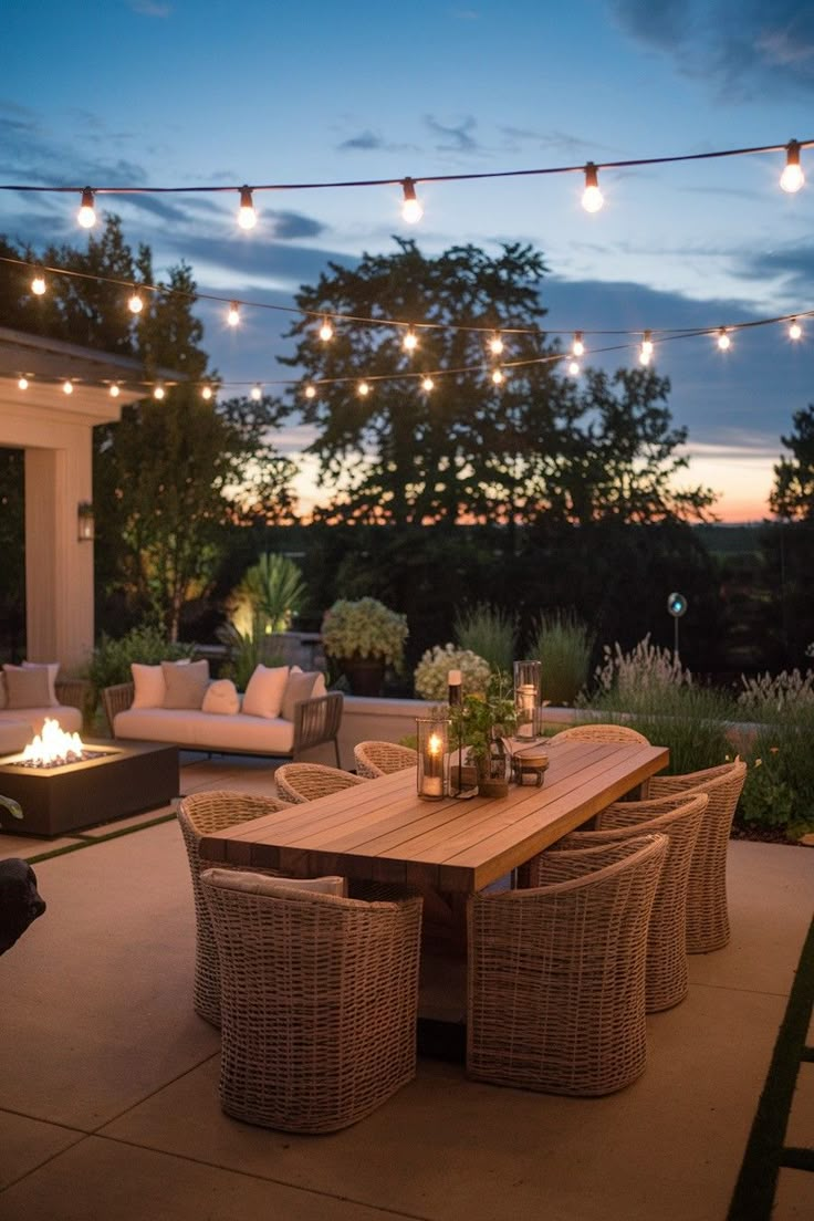 an outdoor dining area with lights strung over the patio and fire pit in the background