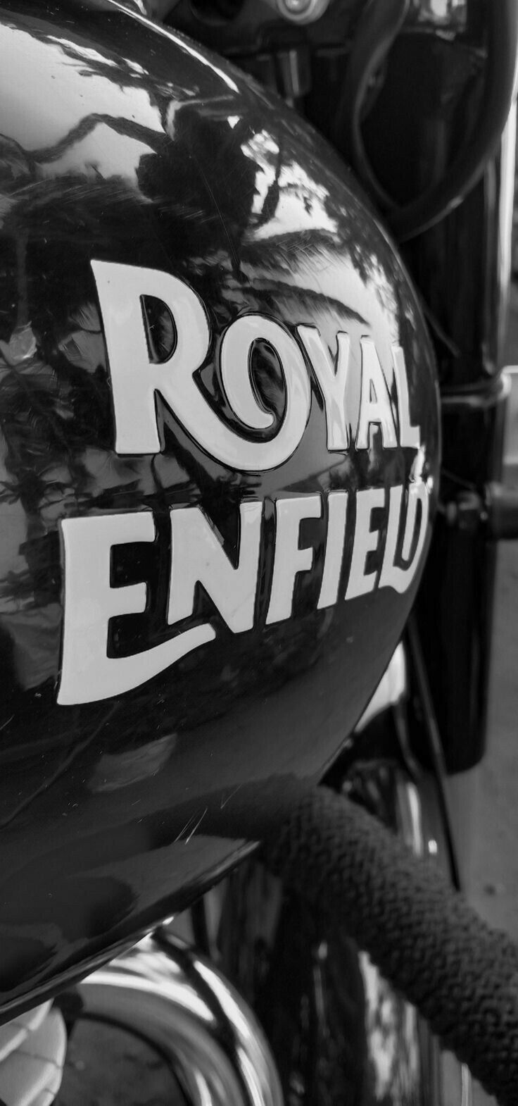 black and white photograph of the front end of a motorcycle with royal enfield stickers on it