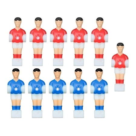 a group of plastic figurines of soccer players in red, white and blue uniforms