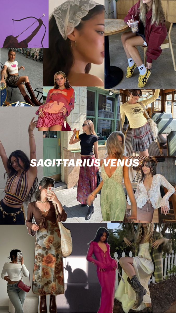 the collage shows many different types of women in dresses and hats, with text that reads sagittarius venus