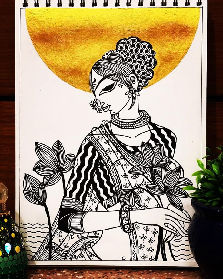 a drawing of a woman sitting in front of a yellow sun on top of a table