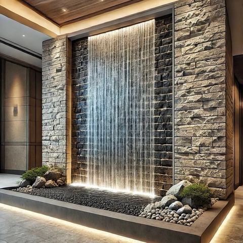 a large waterfall in the middle of a room with stone walls and lights on either side