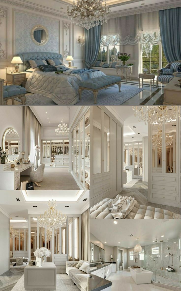 the interior of a luxurious bedroom with chandelier