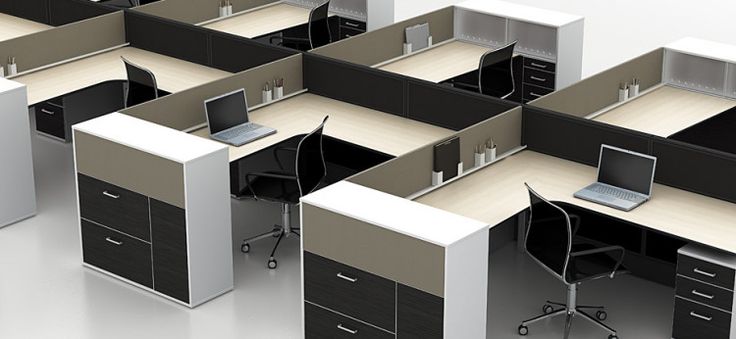 an office cubicle with multiple desks and chairs, all in black and white