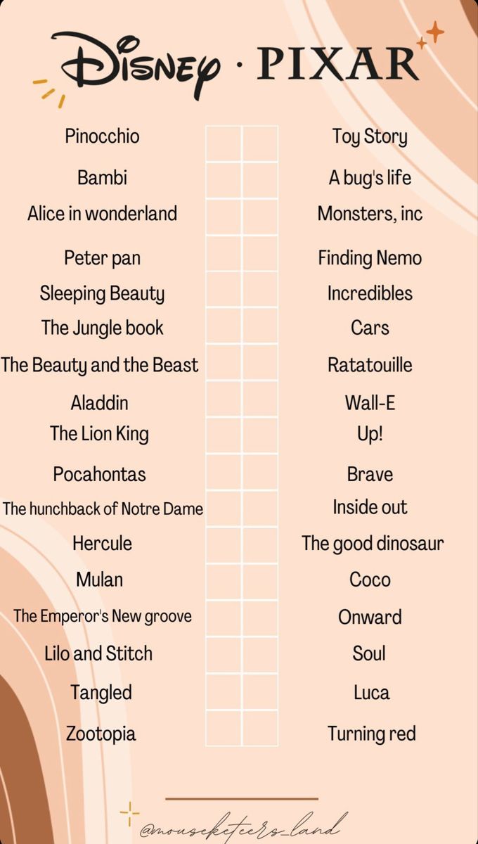 the disney pixar list is shown in pink and brown with stars on it