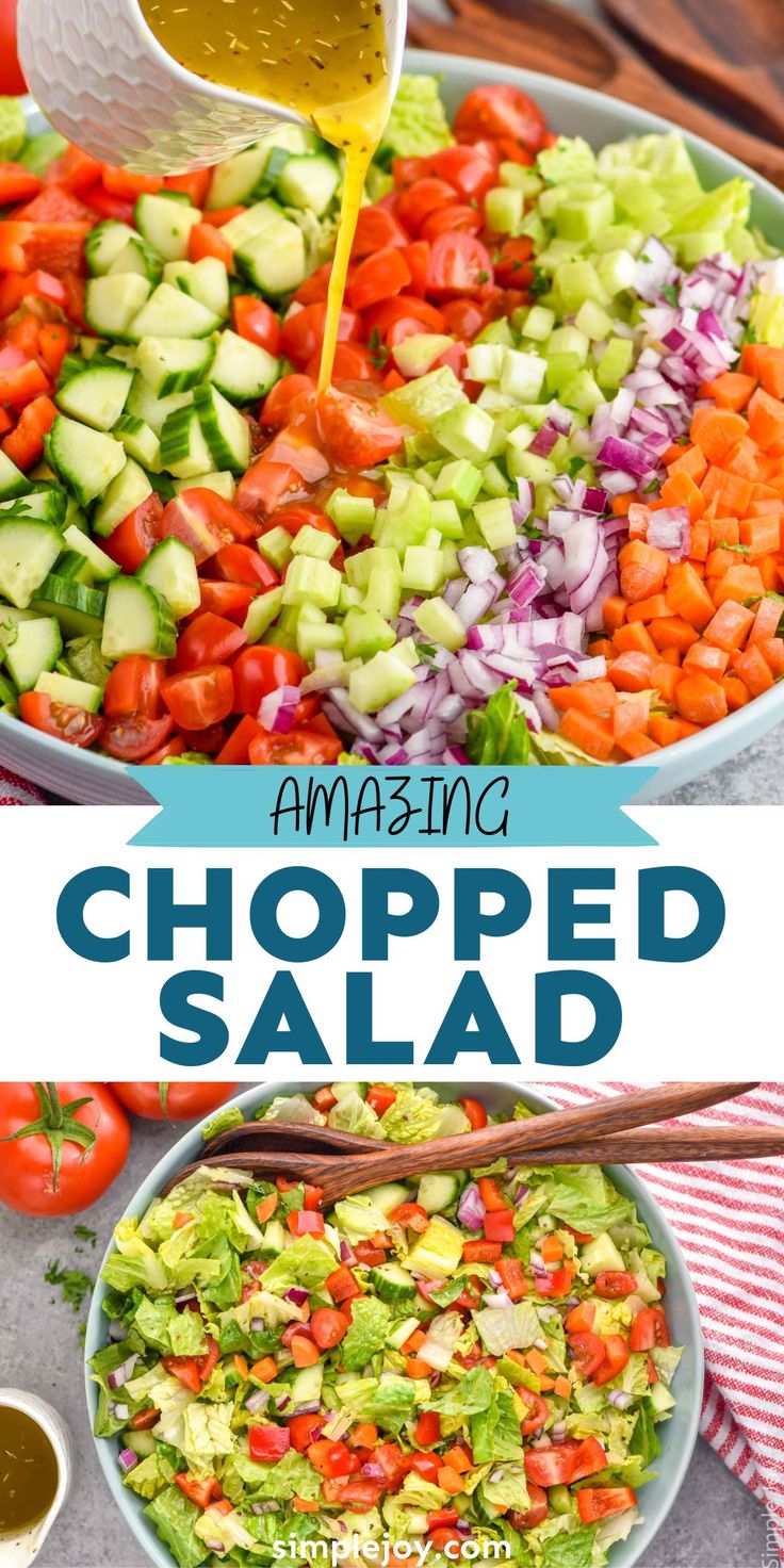 chopped salad in a bowl with dressing being drizzled over it and the title above reads amazing chopped salad