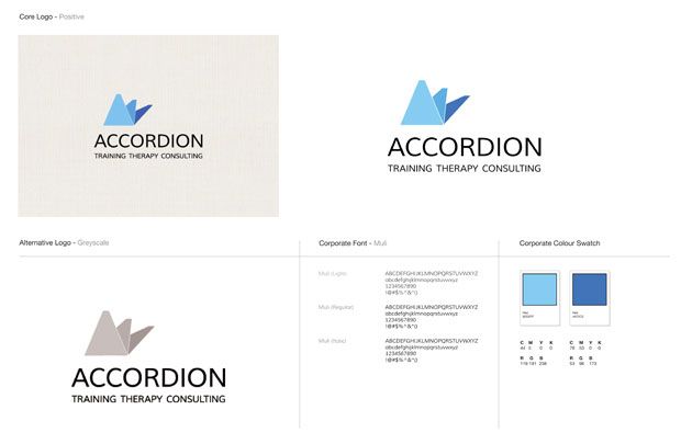 the logo for accordion therapy consulting is shown in three different colors and font options, including blue