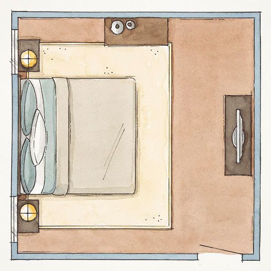 an overhead view of a bedroom with a bed