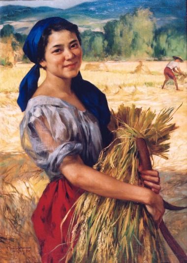 a painting of a woman holding a bundle of wheat